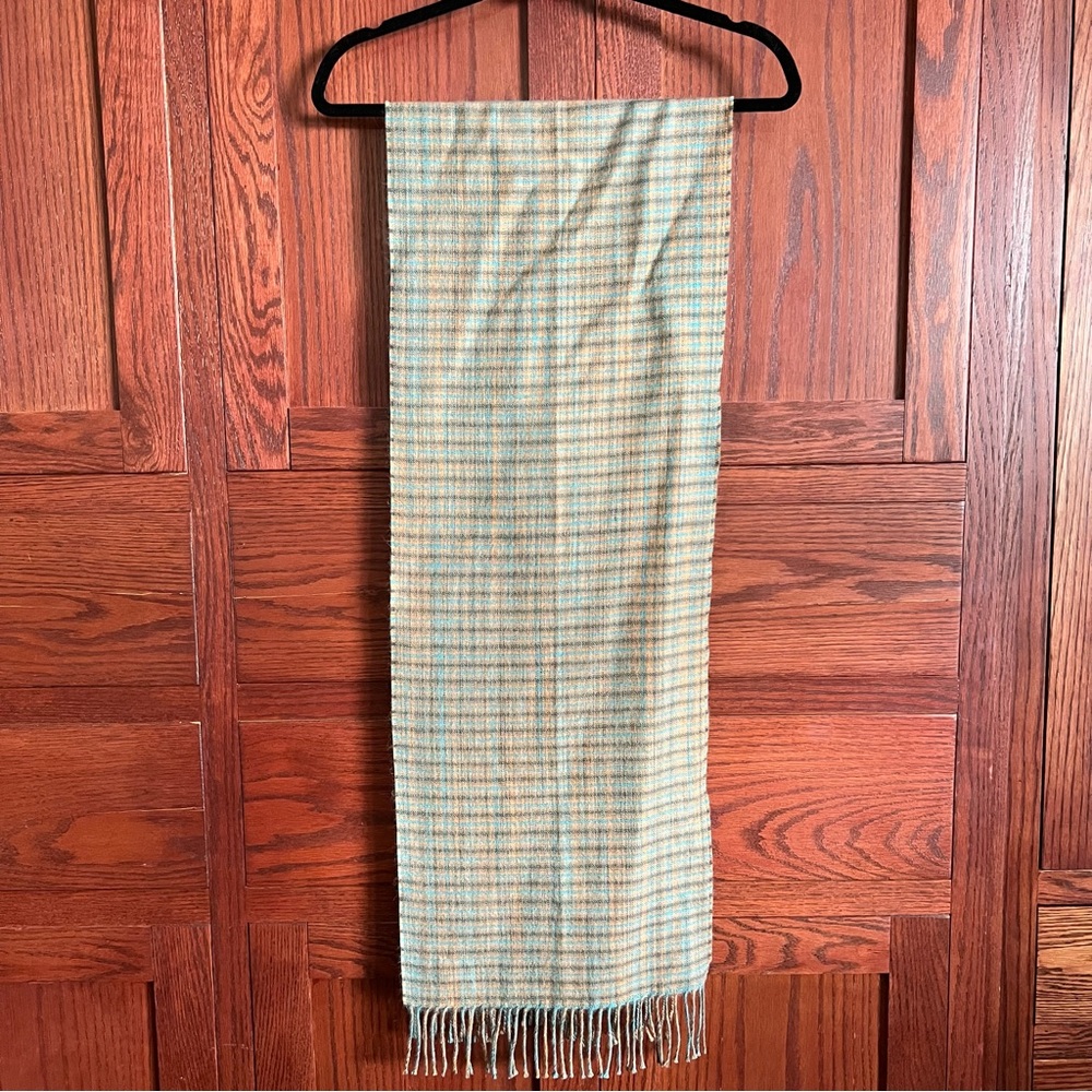 100% Baby Alpaca Orange and Blue Plaid Checkered Fringe Scarf